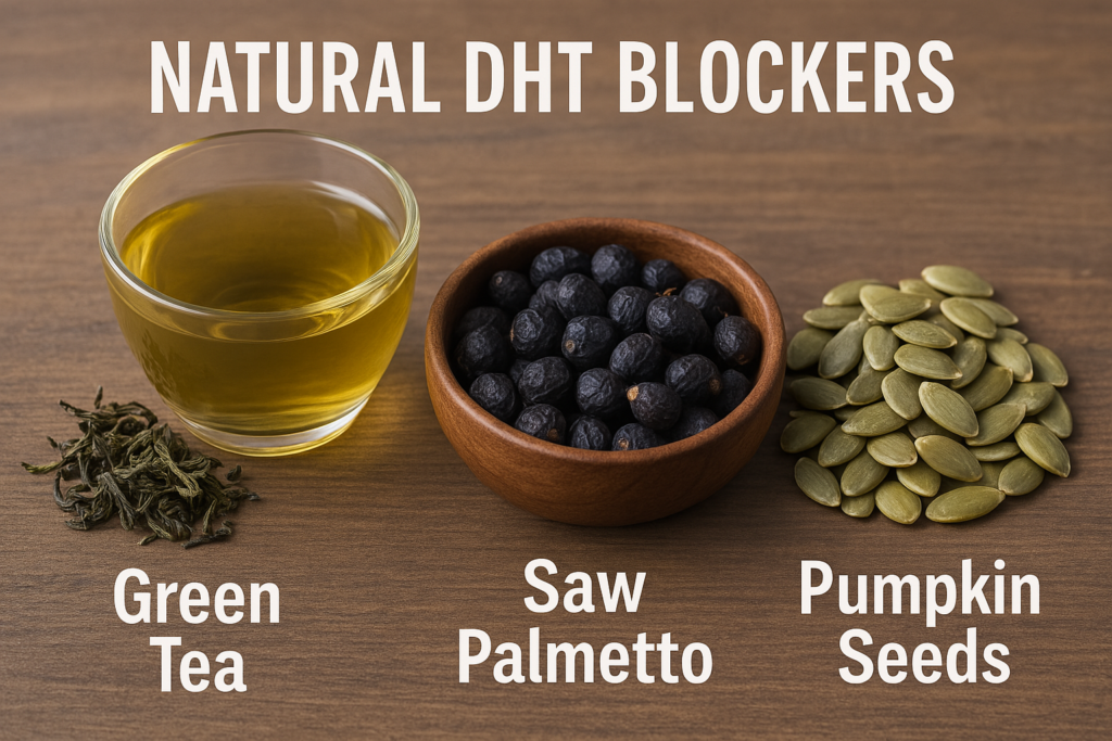 Green tea, saw palmetto and pumpkin seeds are displayed on a table with the text "Natural DHT Blockers".