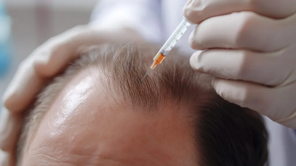 A man receiving an exosome solution injected into his receding hairline.