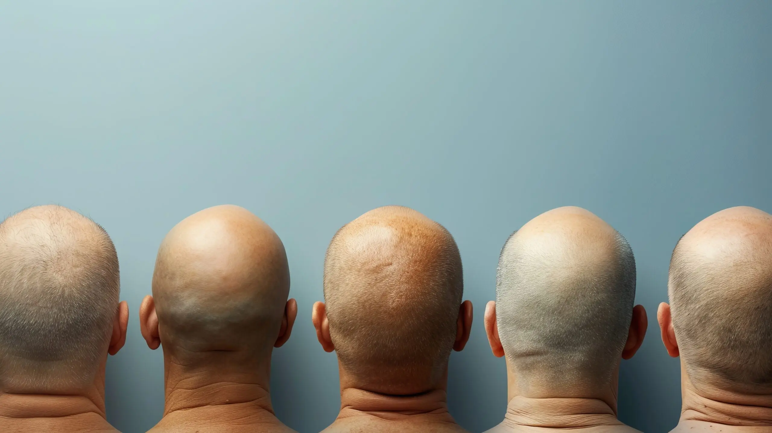 A row of bald men line up together.