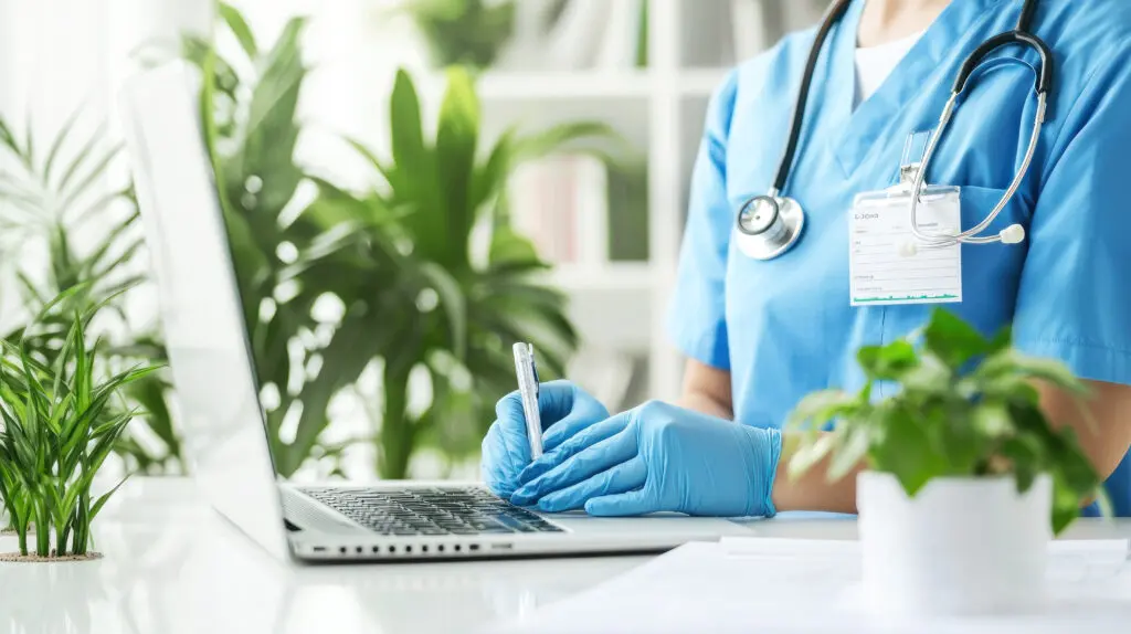 A doctor wearing blue scrubs and blue surgical gloves types at a laptop surrounded by plants.
