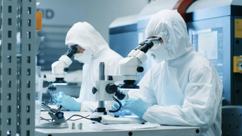 Two scientists in full PPE in a microtechnology lab.