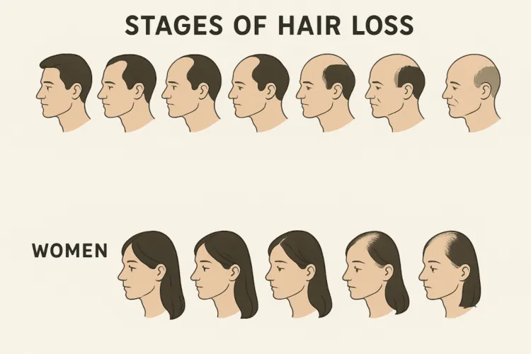 A series of illustrations depicting the progression of receding hairlines in men and women.