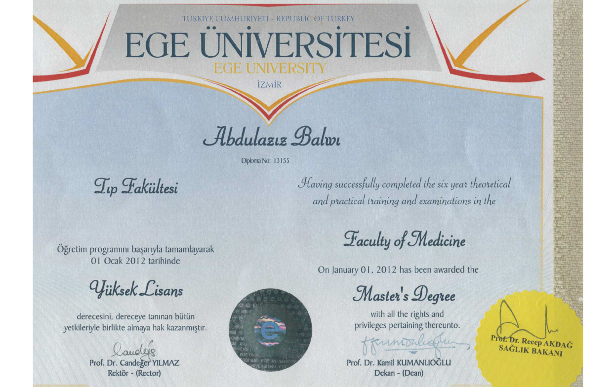 Dr Balwi Ege University master degree certificate