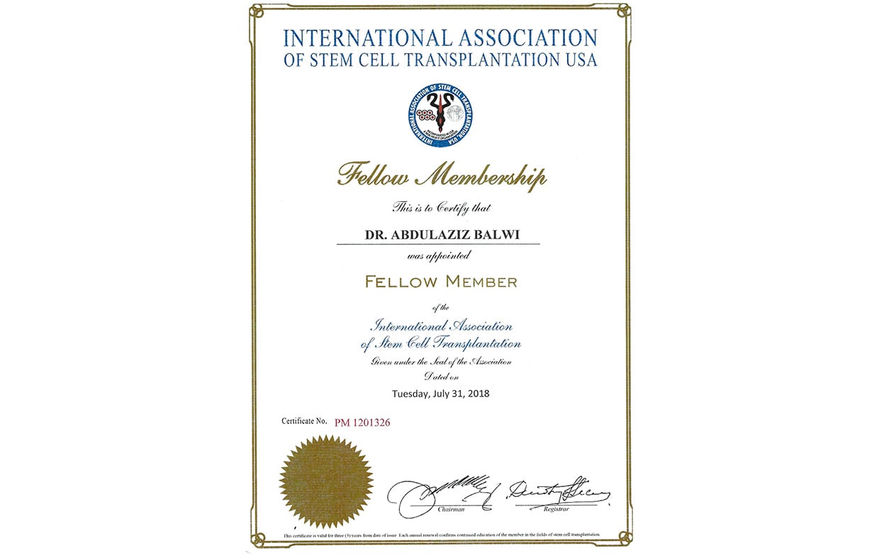 Dr Balwi internation stemm cell transplantation membership certificate