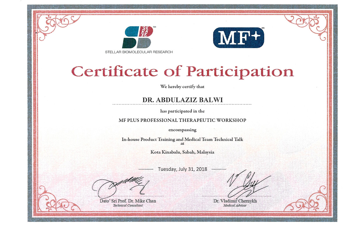 Dr Balwi certificate of participation MF PLUS professional therapeutic workshop