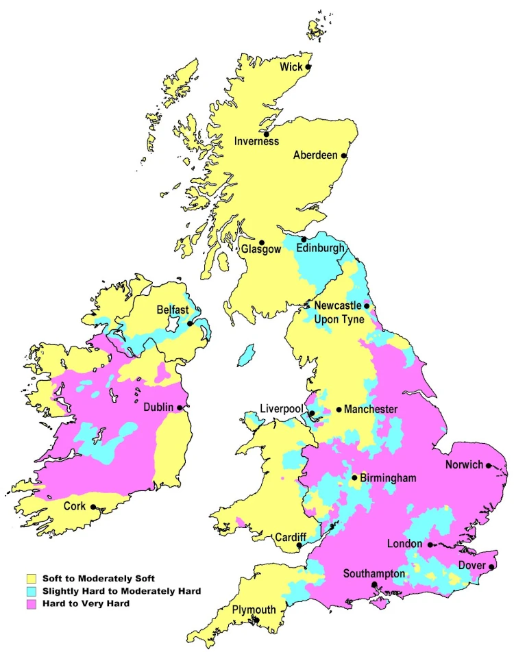Map showing water hardness in the UK