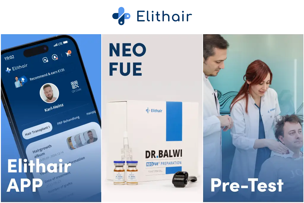 Image showing the Elithair app, the NEO FUE kit, and a hair analysis supervised by Dr Balwi