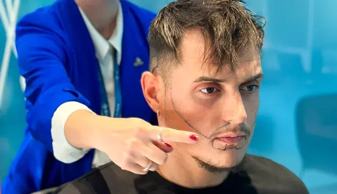 Specialist drawing the beard outline on a patient before a beard transplant at Elithair.