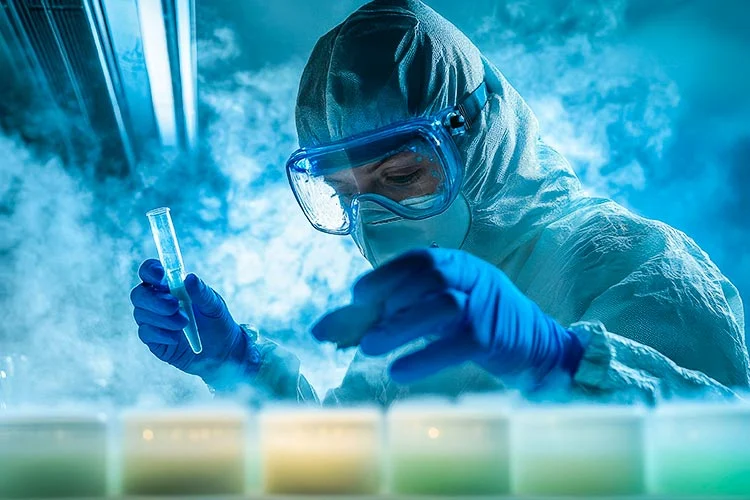 A scientist in protective gear works in a cryolab.