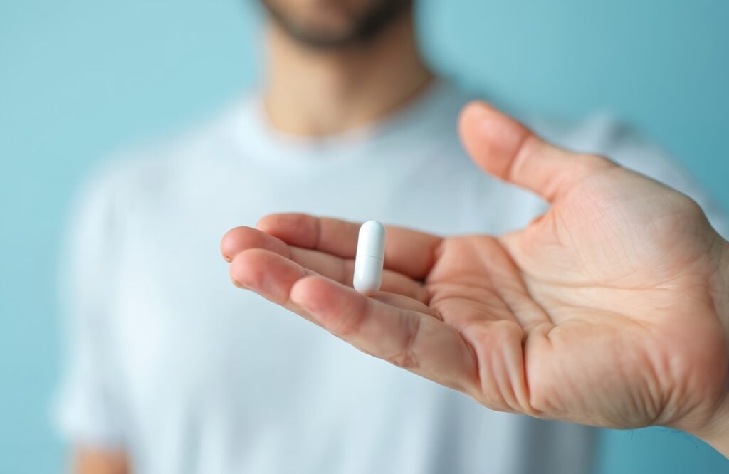 A man holds an MSM pill.