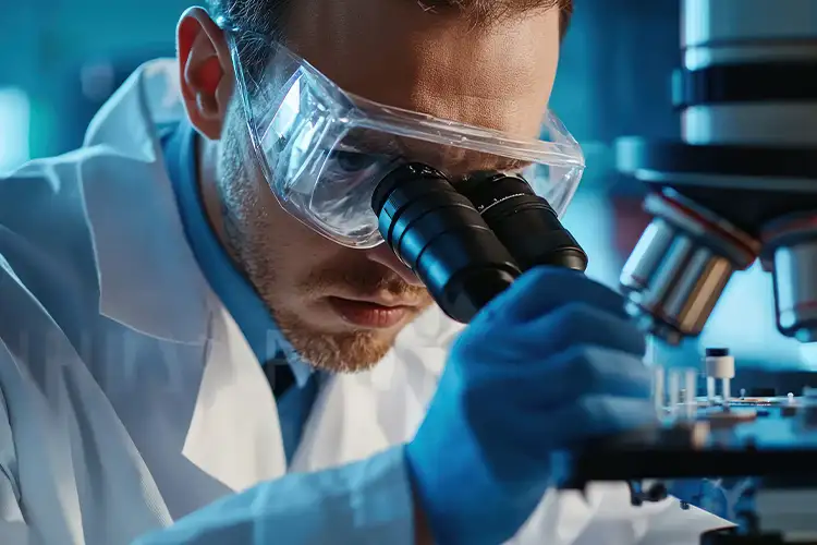 A scientist in a lab examines hair follicles under a microscope.