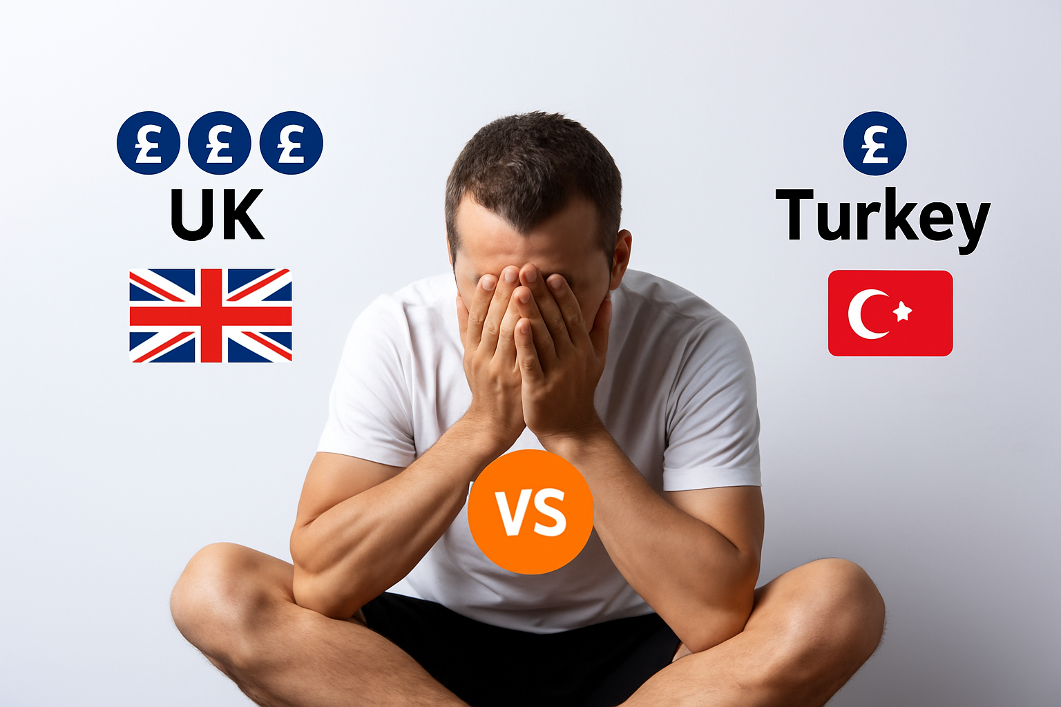 A man with his head in his hands. On one side is a British flag with three pound sterling symbols. On the other is a Turkish flag with one pound Sterling symbol.