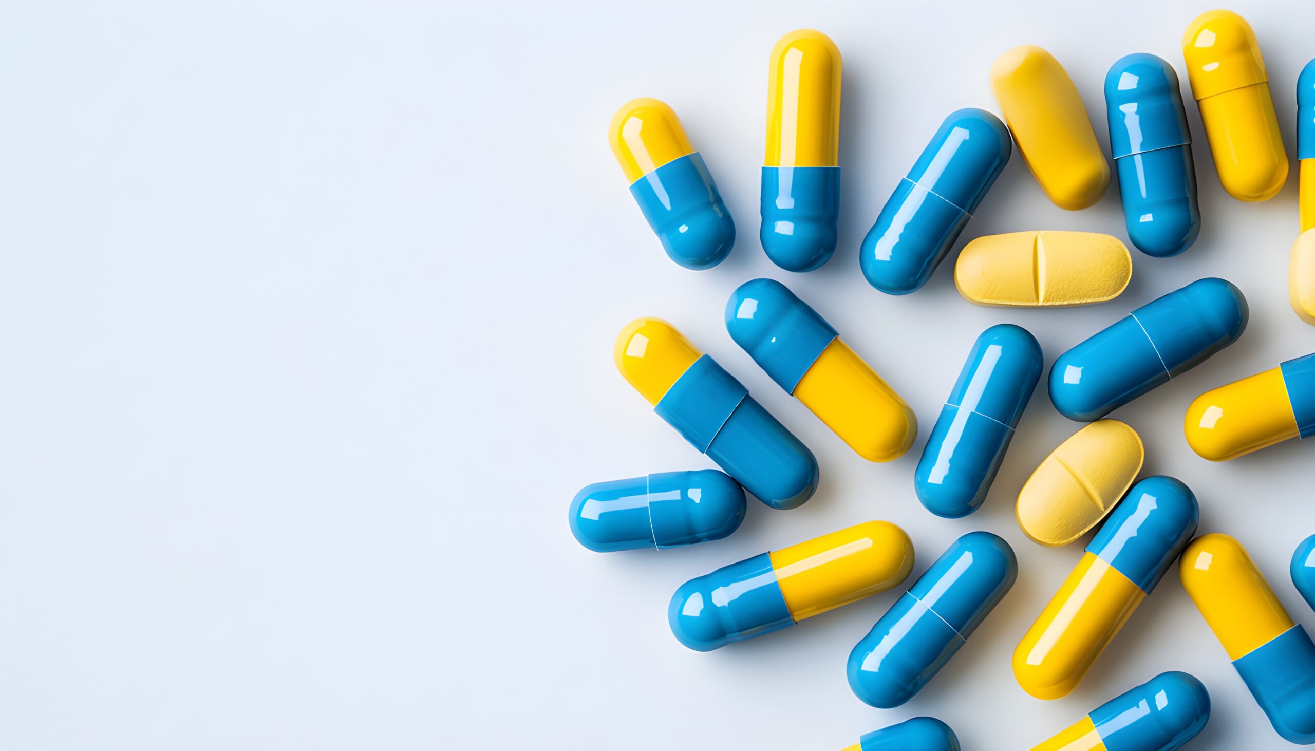 Blue and yellow Litfulo pills scattered on a white background.