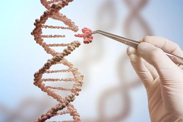 A doctor's hand holds a tweezers and manipulates a double helix.