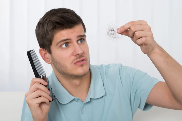 Man holding a comb with hair loss after brushing