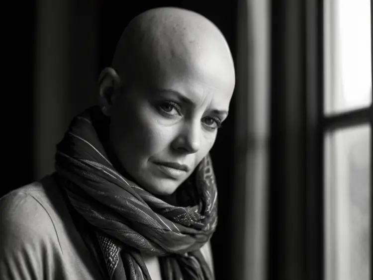 A black and white photo of a bald woman.