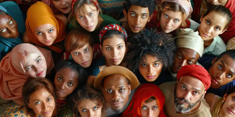 A group of people from various cultures and ethnicities look up at the camera.