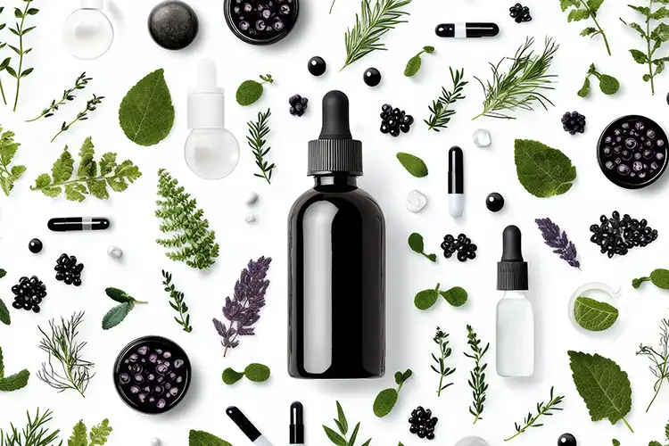 Hair care products and natural ingredients displayed on a white background.