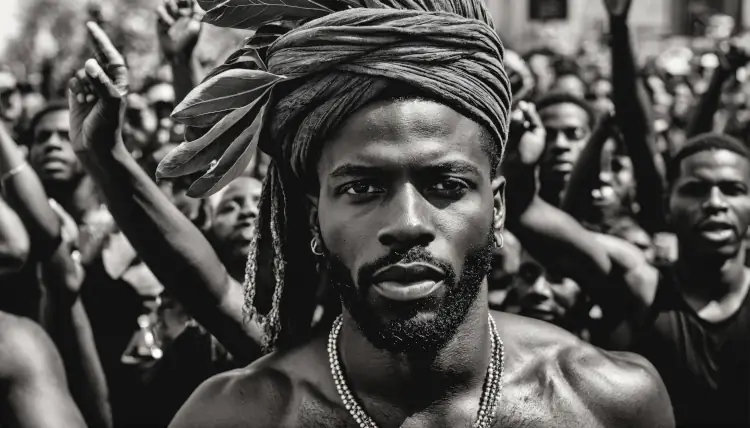A man wearing a turban leads a protest. He looks directly at the camera with a serious expression.
