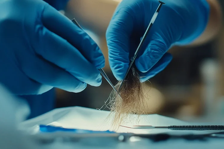 A scientist prepares hairs for assessment in a lab.