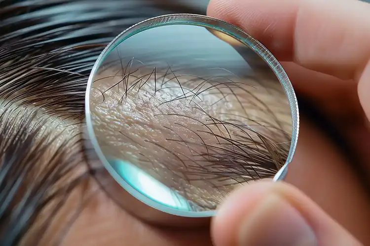 A section of a person's hair and scalp is examined under a magnifying glass.
