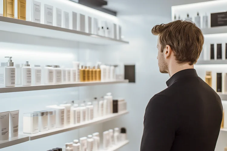 A man stands before a display of various hair care products in a shop.