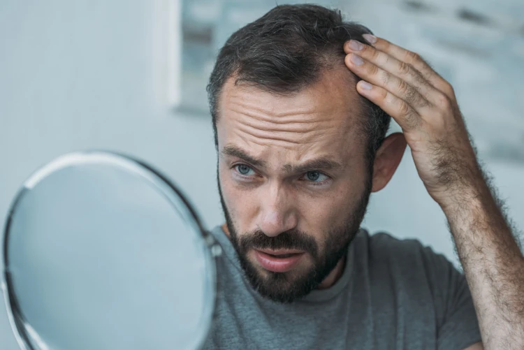 An upset man looking at his noticeably thinning hairline.