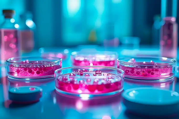 A series of petri dishes sits on a desk in a lab.