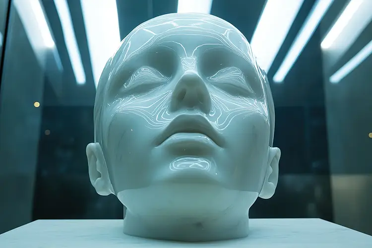 A white porcelain bust on display in a glass case.