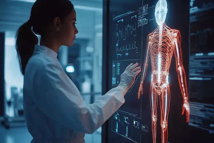 A female scientist reviews a digital overview of the human body on a large screen.