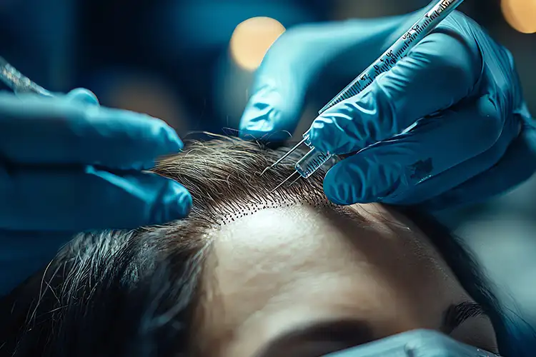 A surgeon implants hair follicles into the scalp of a patient.