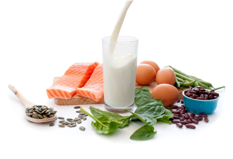 A variety of protein-rich food sources, including salmon, milk, spinach, and seeds.
