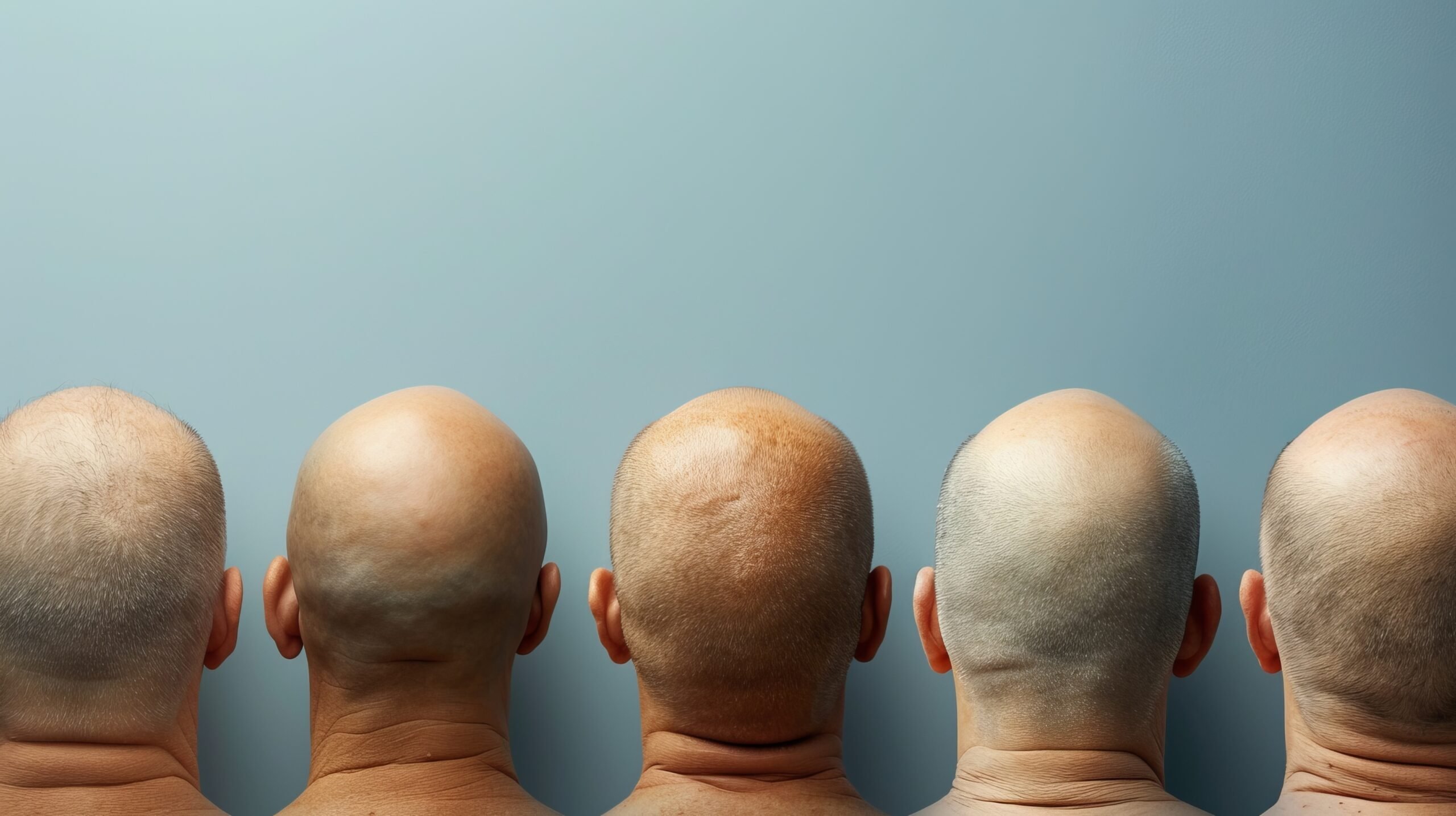 A row of bald men line up together.