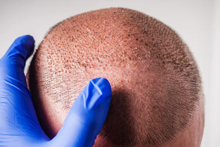 Close-up view of a scalp with newly implanted grafts after a hair transplant procedure, examined by a gloved hand