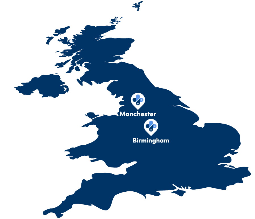 The image shows a map of the United Kingdom, with the Elithair clinics in Birmingham and Manchester marked.
