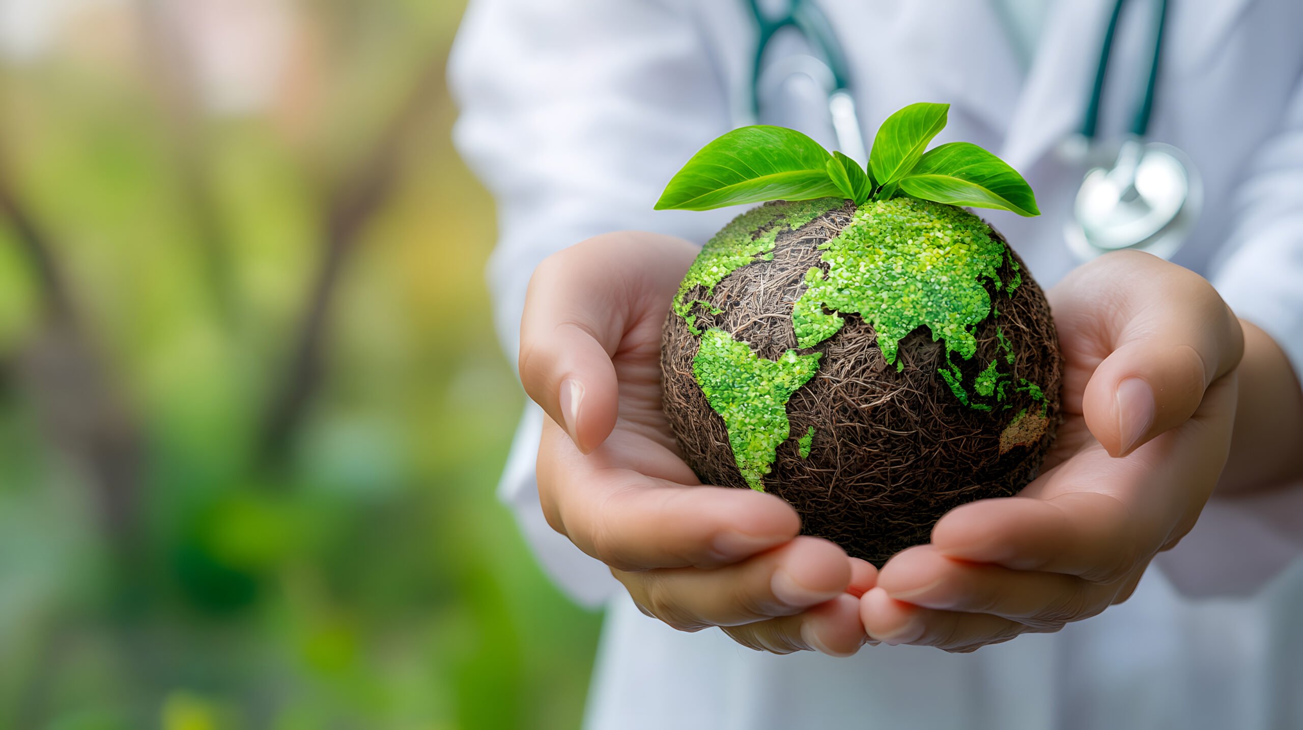 A doctor with a white coat and stethoscope holds a globe in their hands.