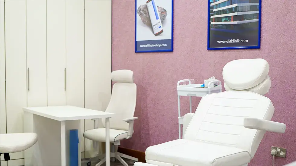 Image shows a treatment room at the Elithair Clinic in Birmingham