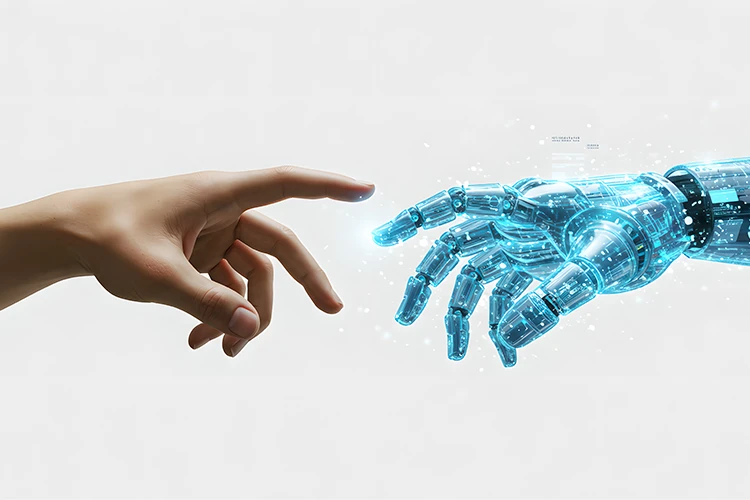 A human hand reaching out to a robot hand.