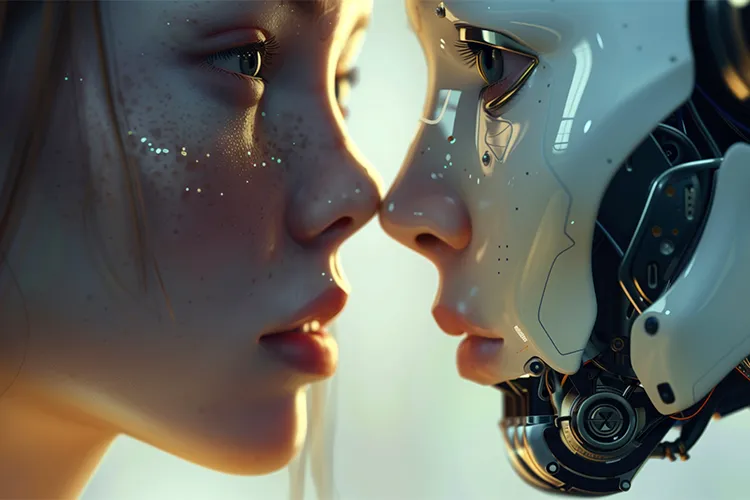 A woman stands face-to-face with an android robot.