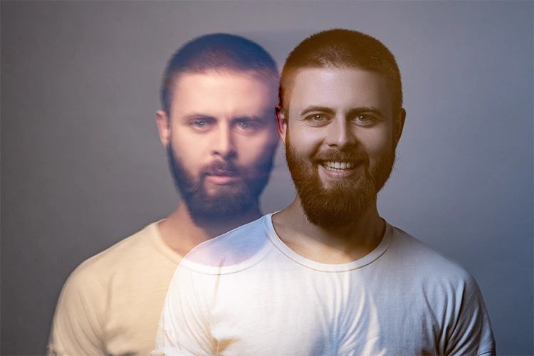 Photo of a man smiling overlaid with a photo of the same man frowning.