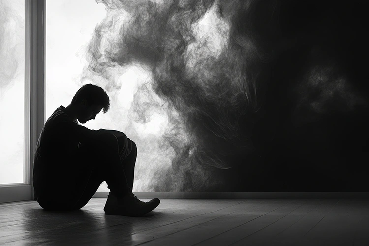 Black and white photograph of a man sitting in the shadows.