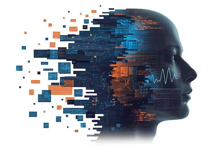 An illustration of a woman's side profile made up of digital motifs.