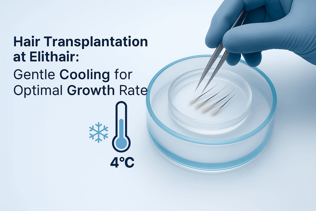 A gloved hand removes hair grafts from a petri dish. The text reads "Hair Transplantation at Elithair: Gentle Cooling for Optimal Growth Rate"
