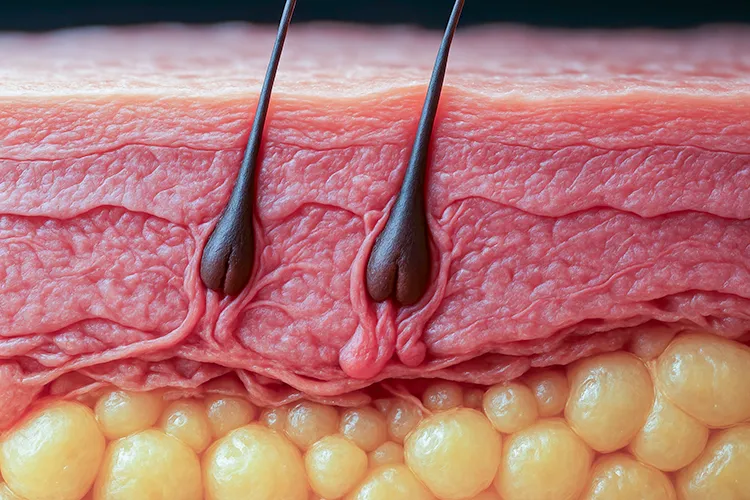 An illustration showing the cross section of skin layers and hair follicles.