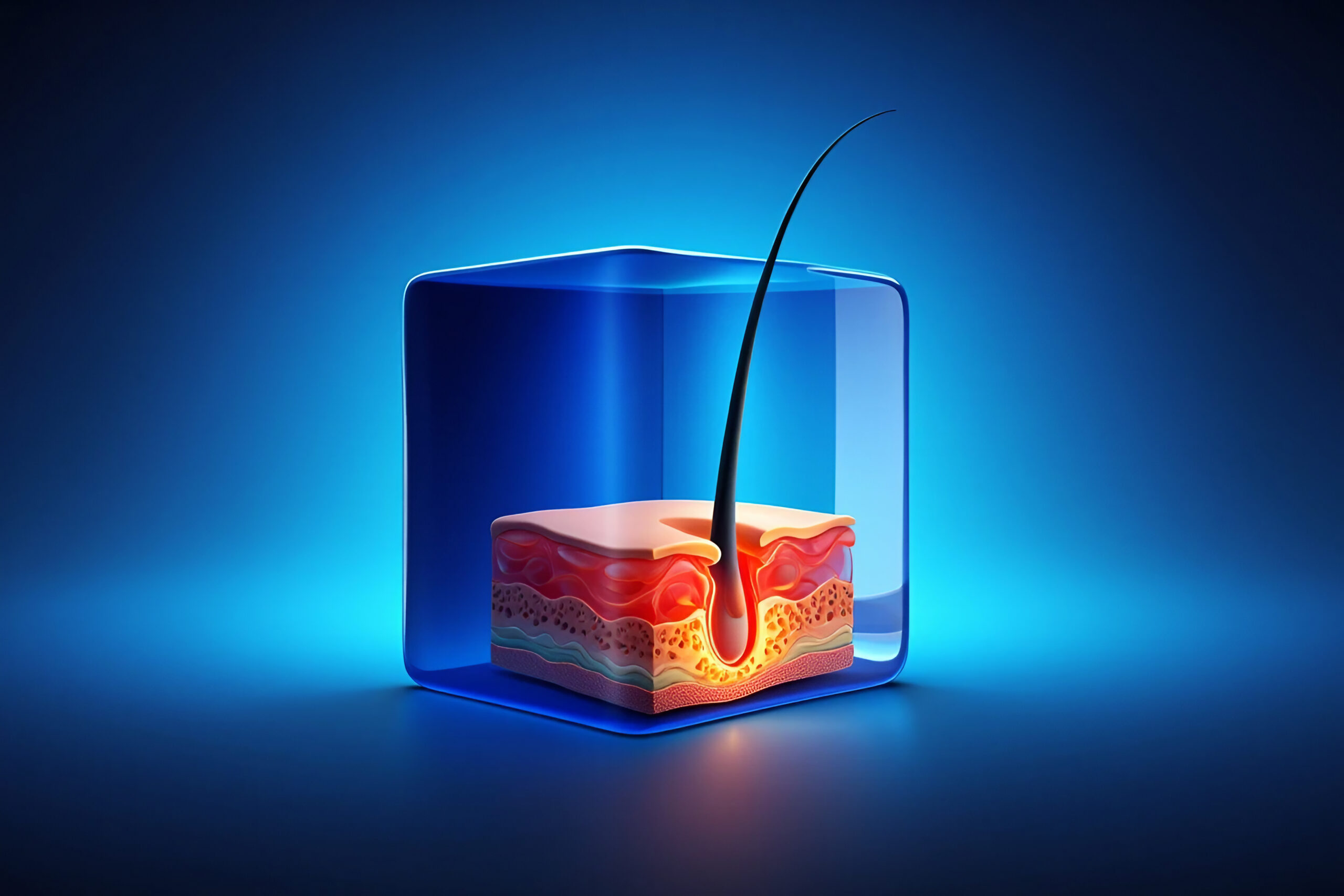 A cross section of the skin and hair follicle, encased in a cube of ice.