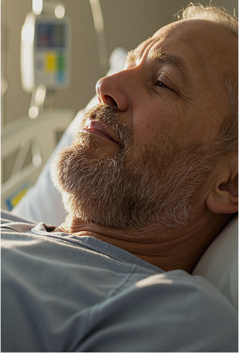 Elderly man with grey hair and beard resting in a hospital bed, looking calm while receiving medical treatment.