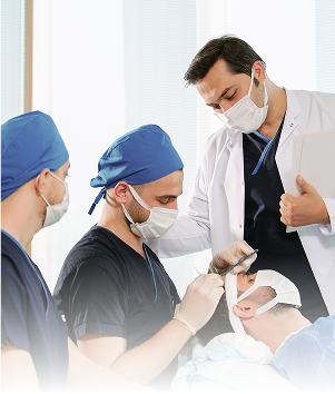 Elithair's medical staff wearing surgical masks performing a hair transplant procedure under doctor Balwi's supervision.
