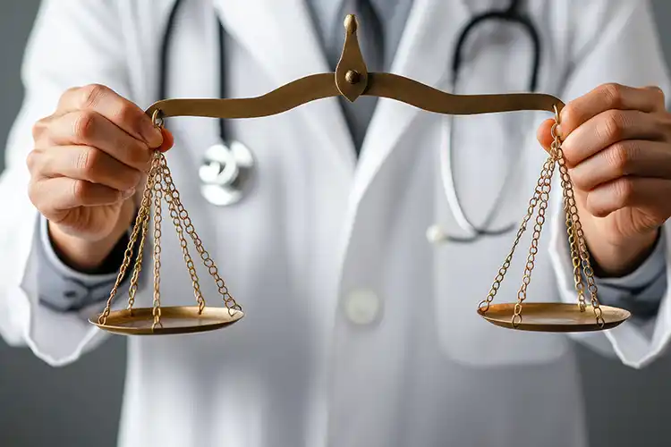 A doctor holds a pair of brass scales.