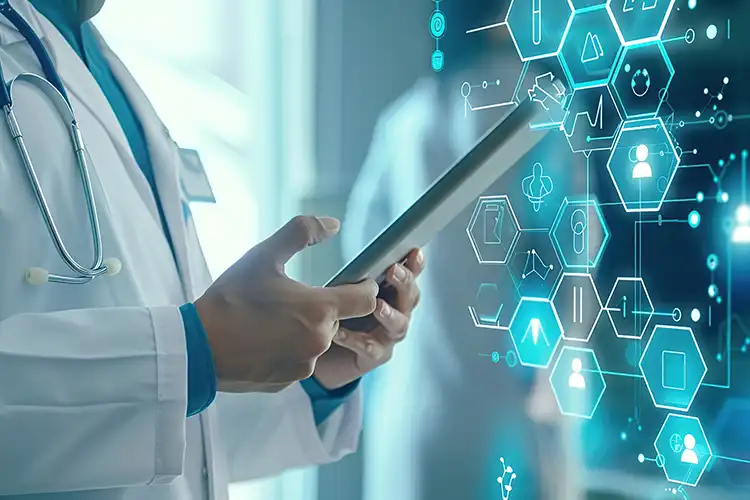 A doctor looks at a tablet overlaid with technological iconography.