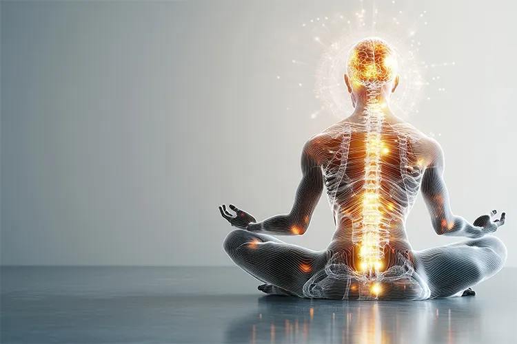 An illustration of a person sitting cross-legged. The central nervous system is lit up in yellow light.